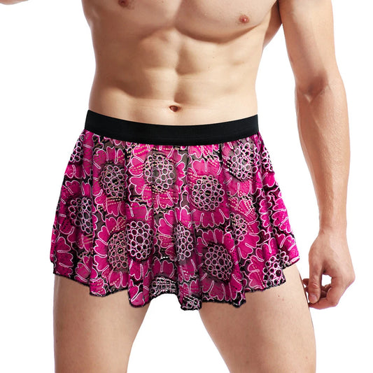 Sexy Men Lace Hollow Lingerie Skirt Vintage Floral Printed
