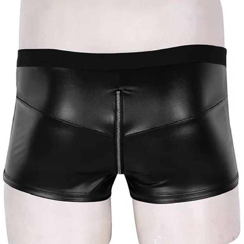 Men's Sexy Open Crotch Leather Boxer Short Pants