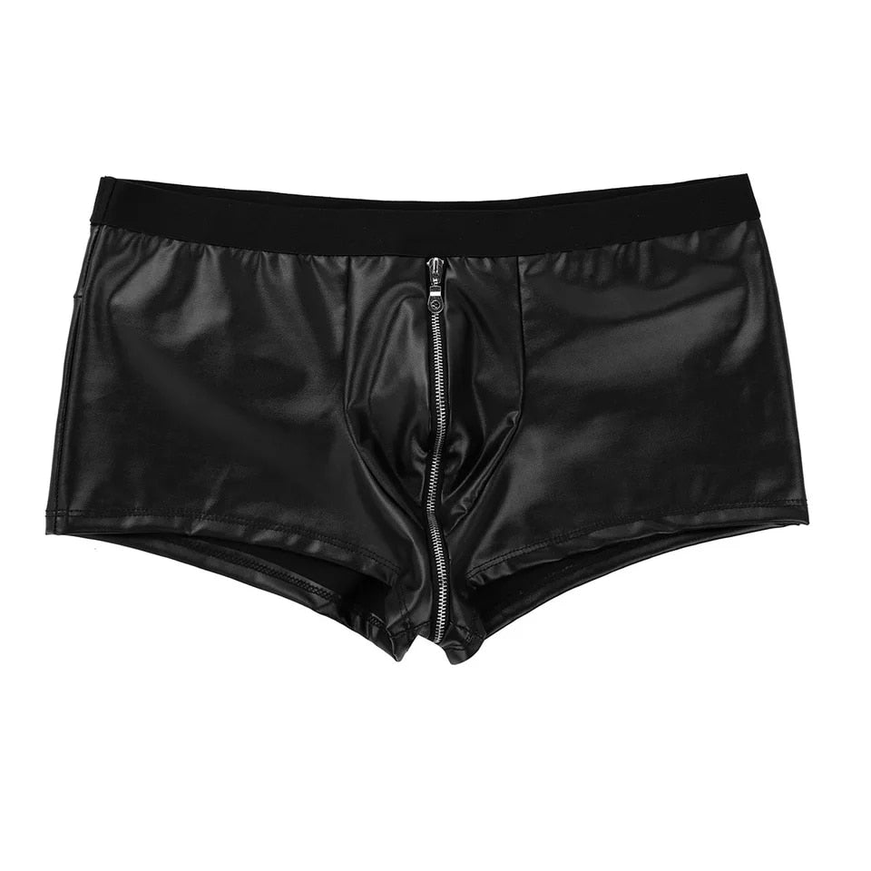 Men's Sexy Open Crotch Leather Boxer Short Pants