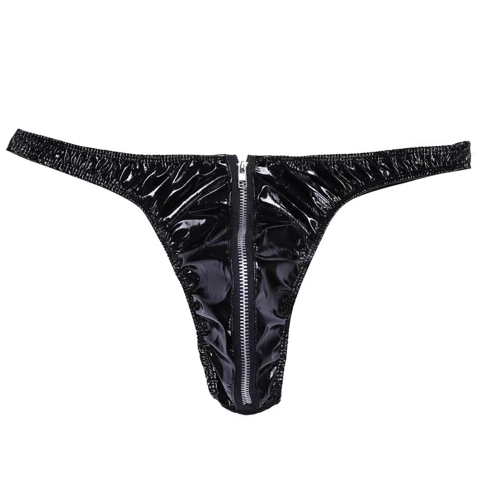 Men's Sexy Zipper Open Crotch Leather Thong