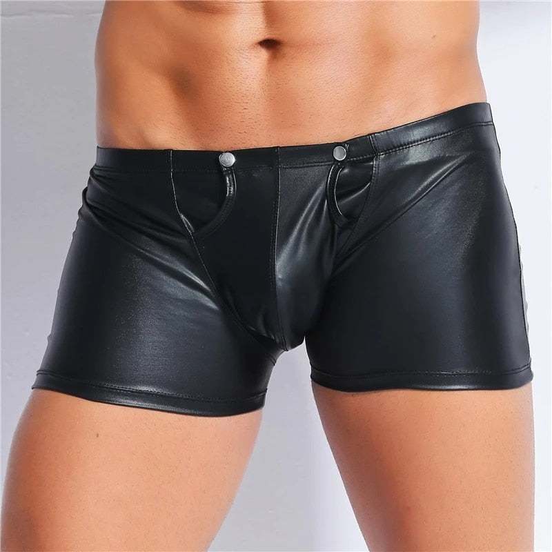 Men Sexy Leather Shorts with Back Zipper