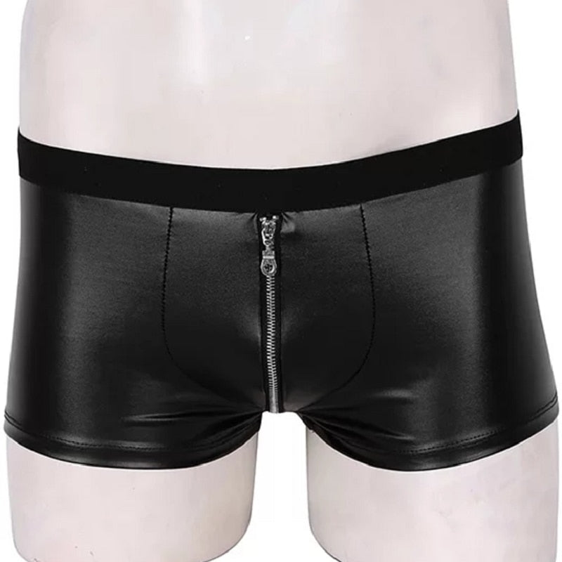 Men's Sexy Open Crotch Leather Boxer Short Pants