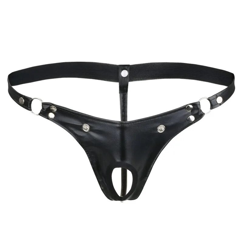 Sexy Leather Men's G-String Thong Underwear with Buckled Bulge Pouch