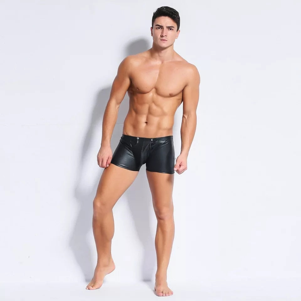 Men Sexy Leather Shorts with Back Zipper