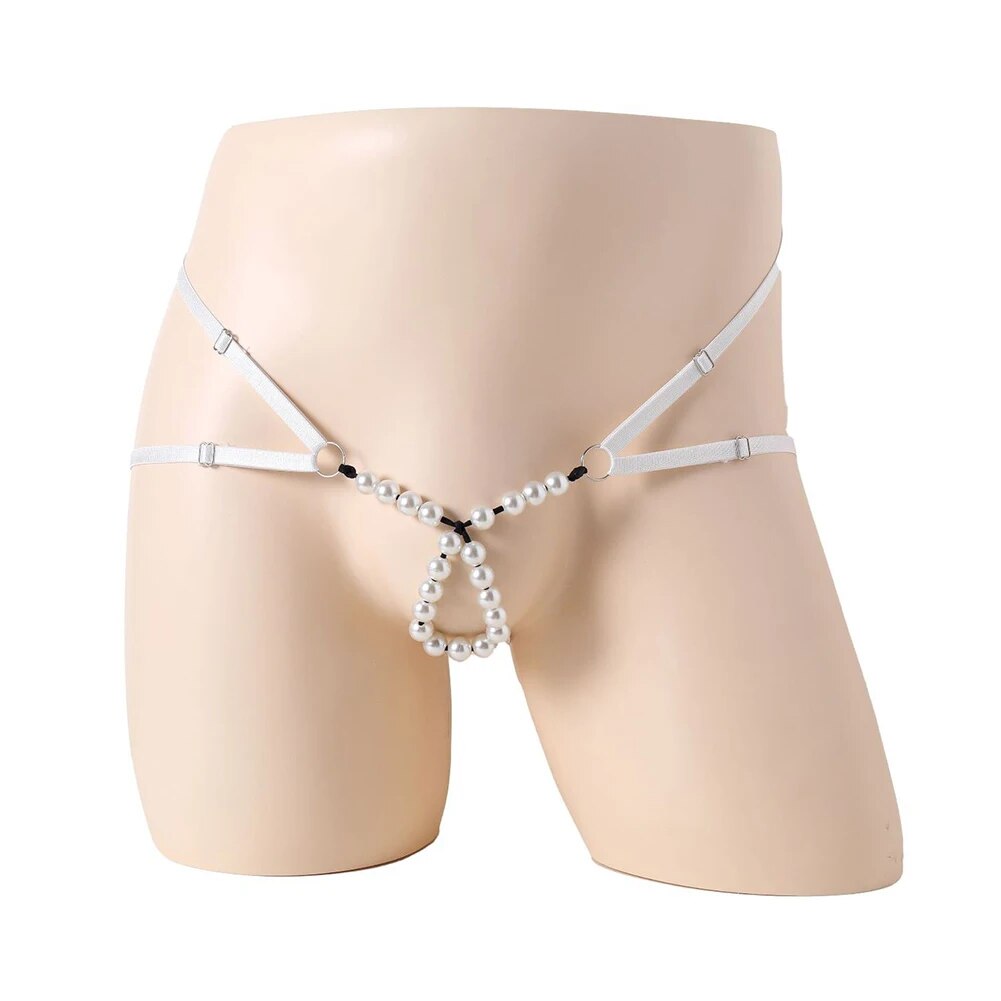 Men's Sexy Ring Pearl G-string Panties, Open Back Double Strap