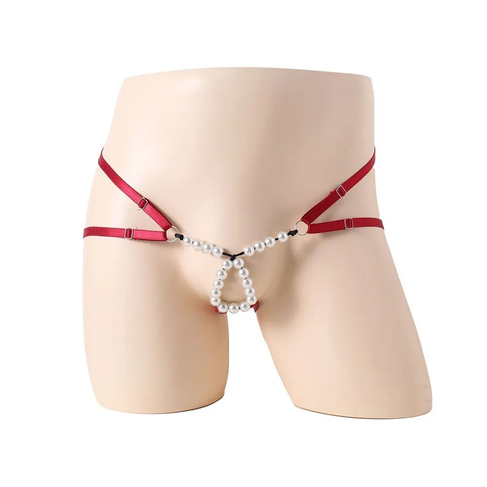 Men's Sexy Ring Pearl G-string Panties, Open Back Double Strap