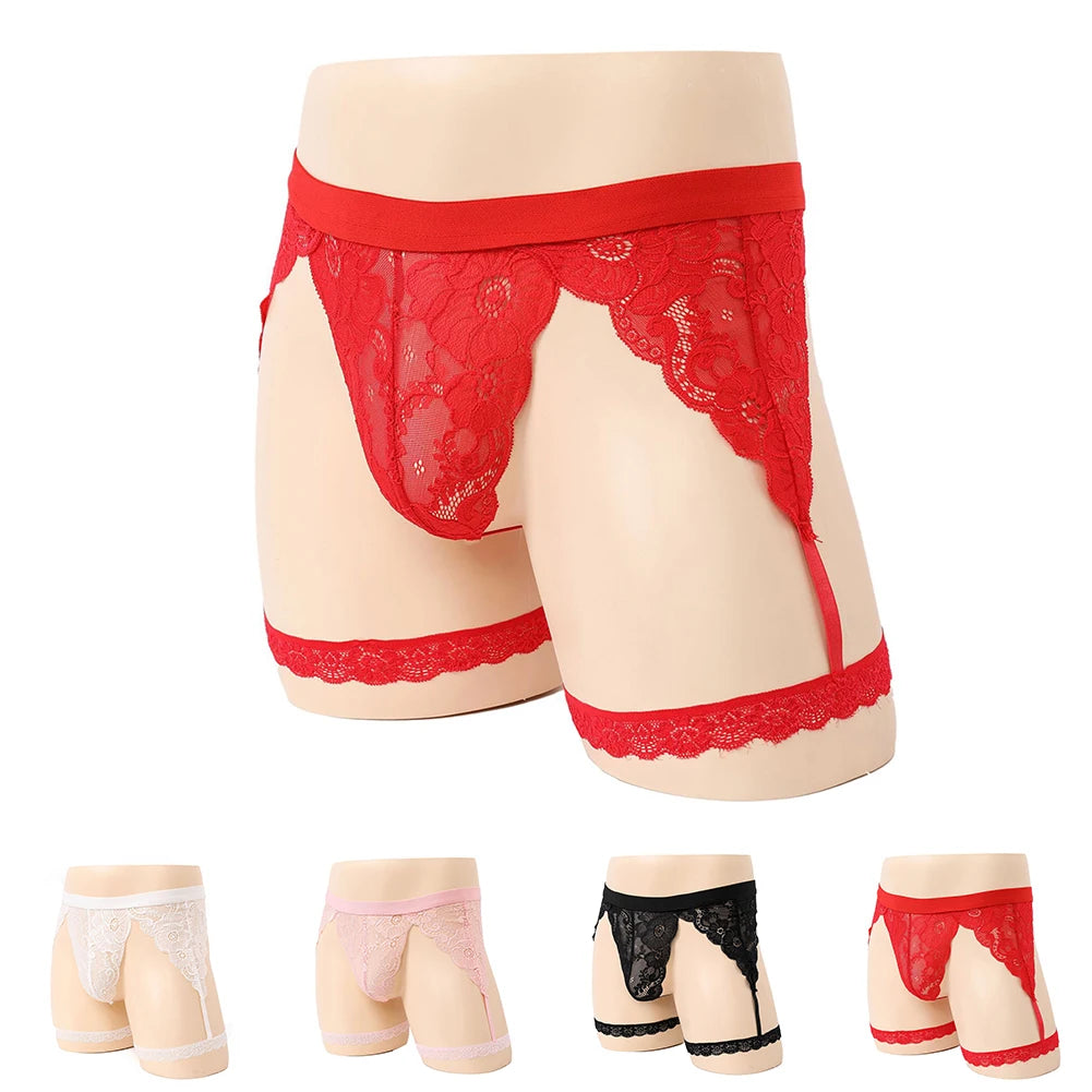 Men Sexy Lace Lingerie Pouch Panties Suspenders Underwear