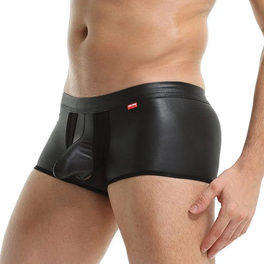 Sexy Men Leather Stretch Boxer Trunks U Convex Pouch