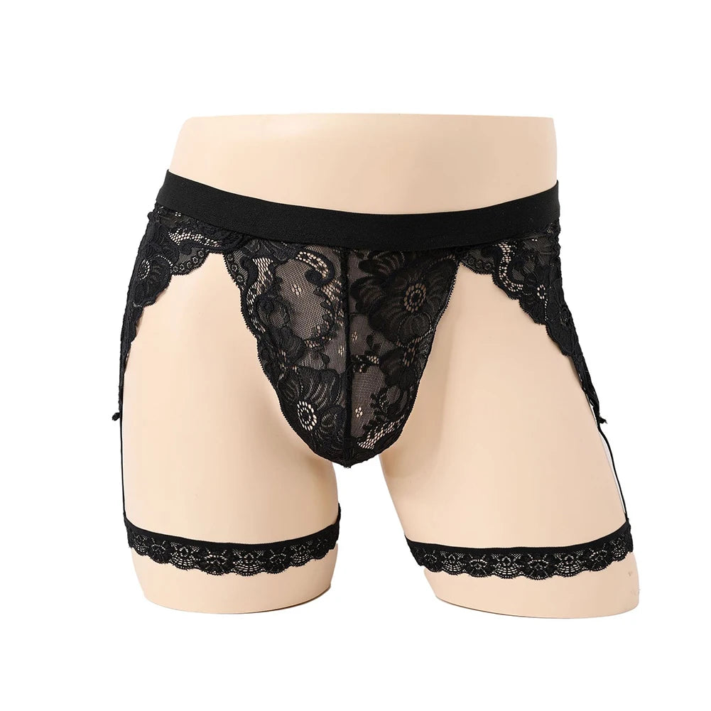 Men Sexy Lace Lingerie Pouch Panties Suspenders Underwear