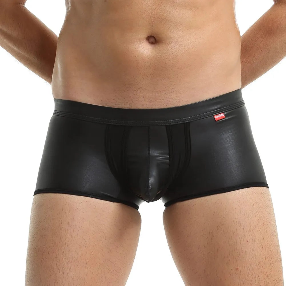 Sexy Men Leather Stretch Boxer Trunks U Convex Pouch