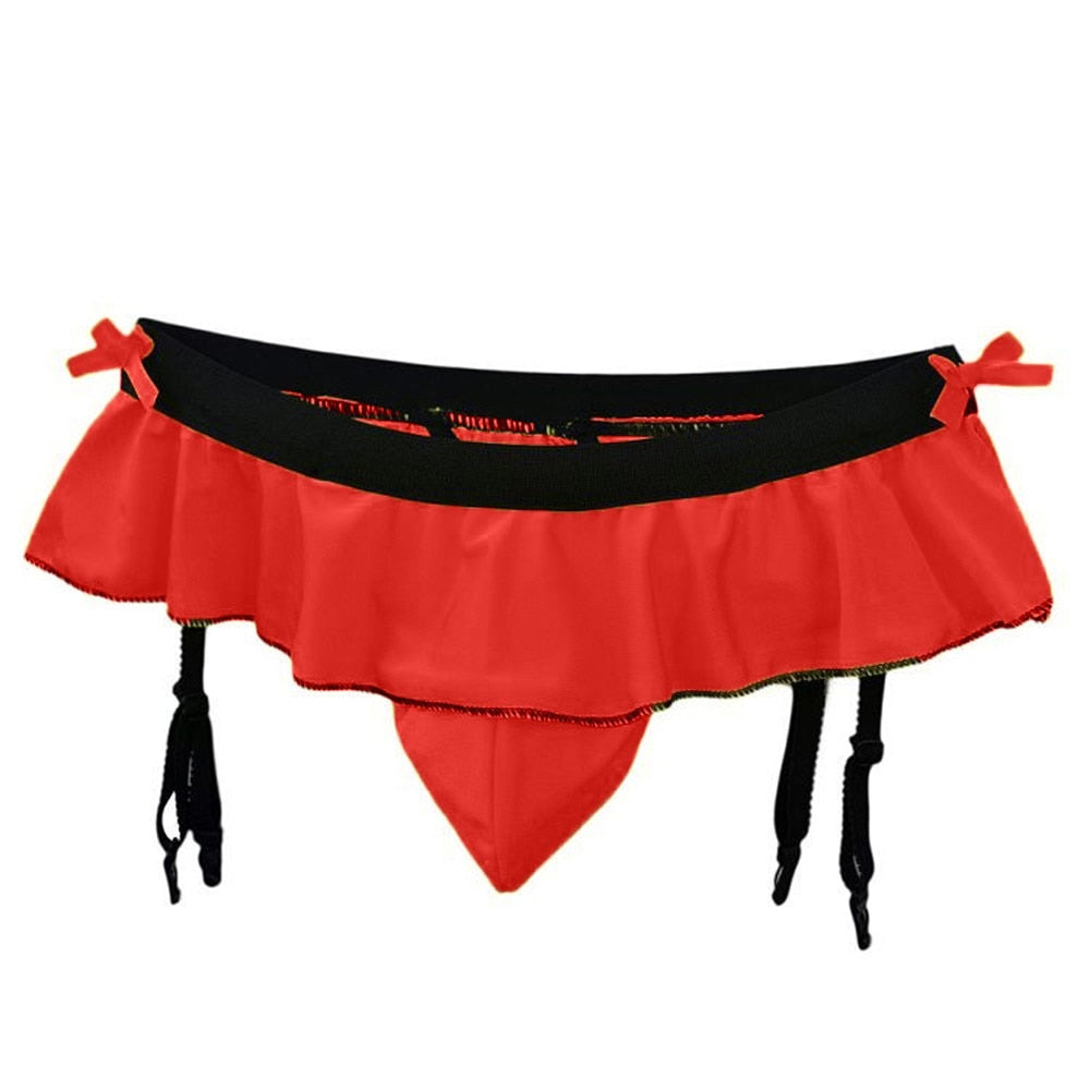 Men Sexy Ruffled Thong with Garters Underwear