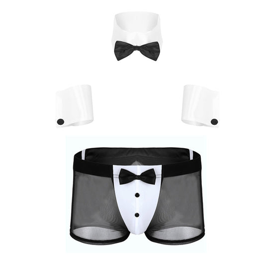 Male Waiter Tuxedo Boxer Briefs Mesh Lingerie Underwear