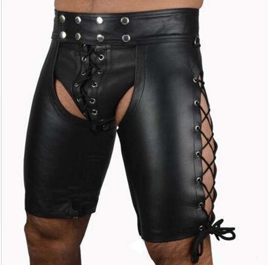 Men's Sexy Fetish Bondage Leather Pants Open Crotch